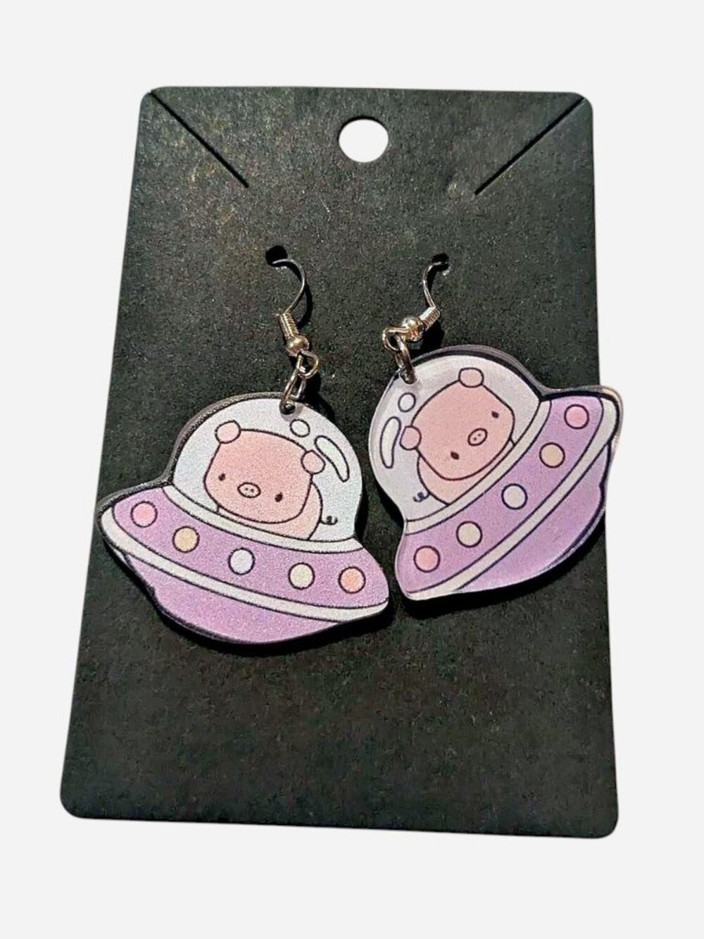 Pink alien earrings with cute alien faces in purple UFOs brand new, never worn